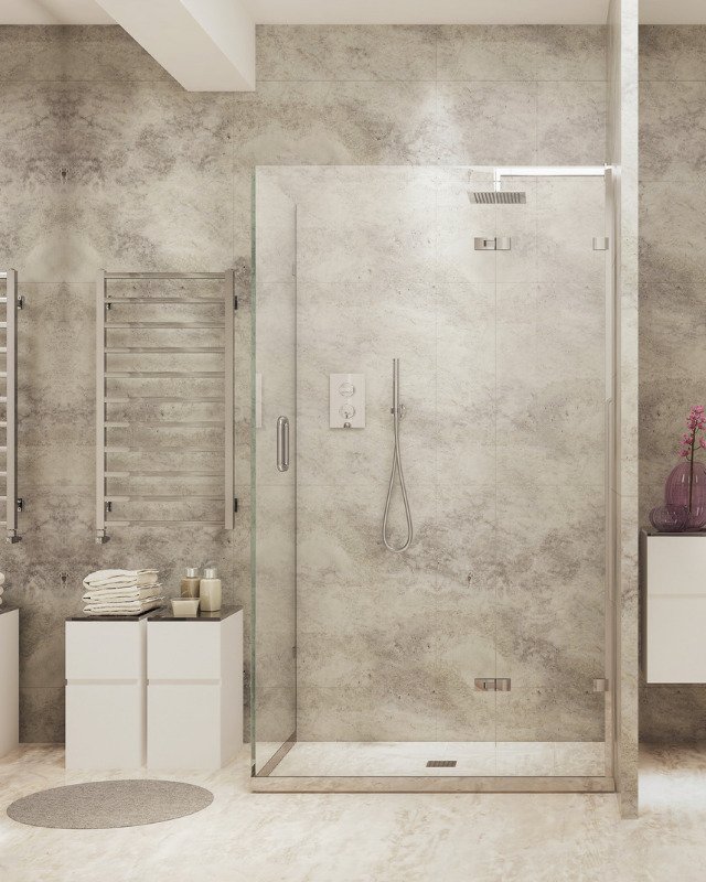 Image of a modern minimalistic bathroom with a glass-enclosed shower in Lakewood, NJ.